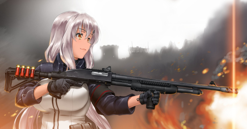 1girl, armband, black_gloves, building, byeontae_jagga, dark_skin, embers, from_side