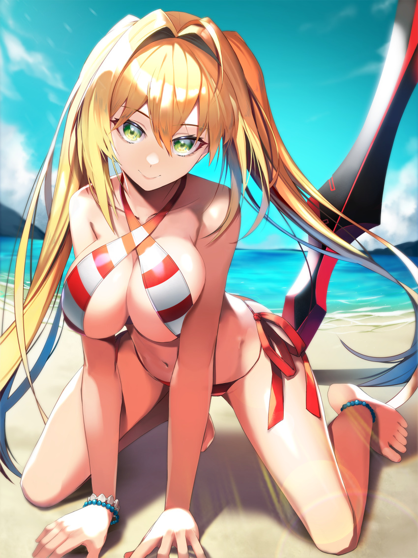 1girl, absurdres, aestus_estus, ahoge, all_fours, bangs, beach, bead_anklet, bead_bracelet, beads, bikini, blonde_hair, blue_sky, bracelet, breasts, criss-cross_halter, fate/grand_order, fate_(series), feet, green_eyes, hair_intakes, halterneck, highres, jewelry, kneeling, large_breasts, long_hair, looking_at_viewer, nero_claudius_(fate)_(all), nero_claudius_(swimsuit_caster)_(fate), nirai_kanai, ocean, red_bikini, side-tie_bikini, sky, smile, solo, striped, striped_bikini, sunlight, swimsuit, sword, twintails, weapon