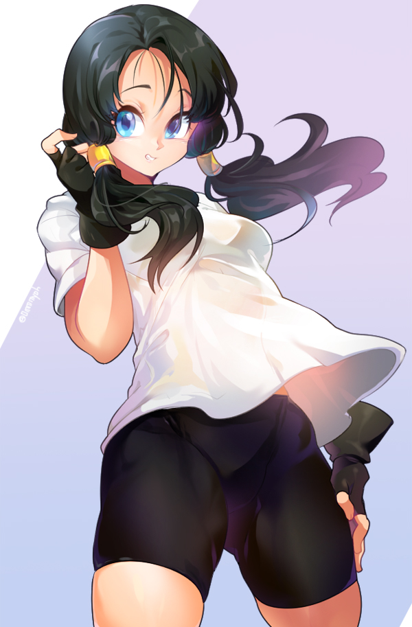 1girl, arm_at_side, bike_shorts, black_gloves, black_hair, black_shorts, blue_eyes, breasts