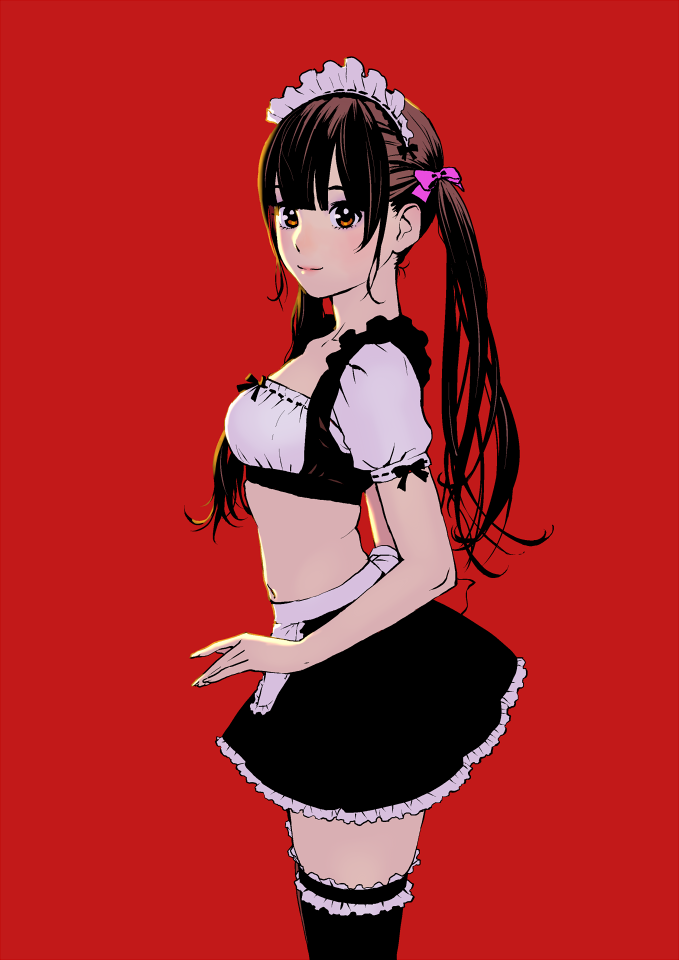 1girl, apron, black_hair, black_legwear, black_skirt, bow, breasts, crop_top