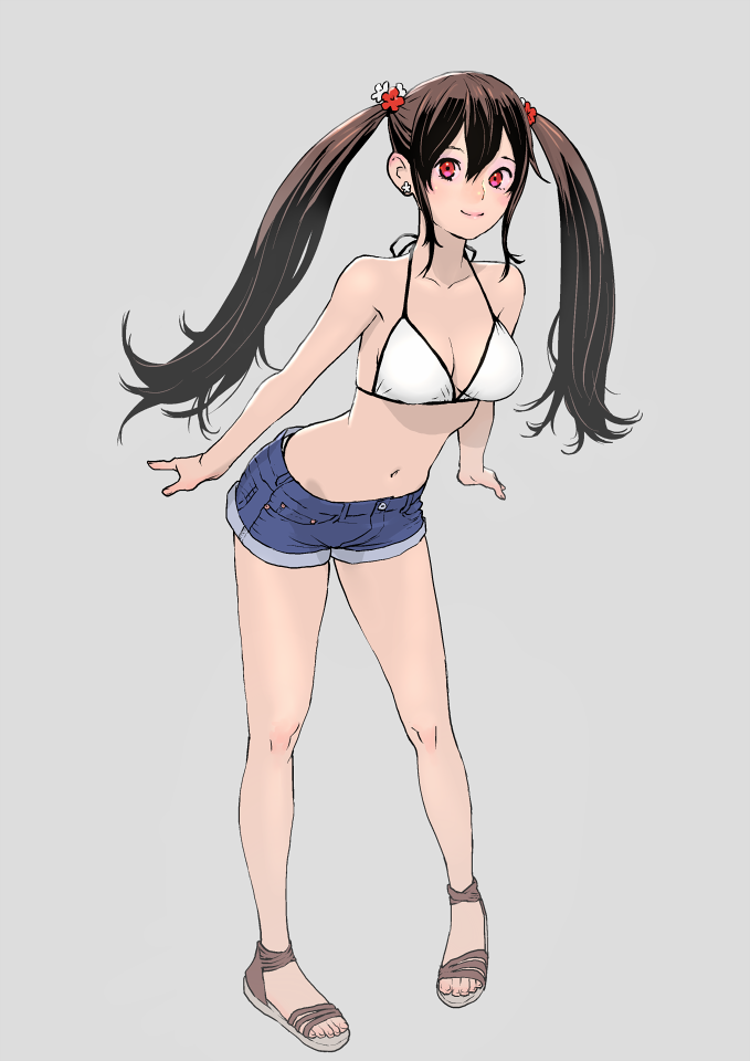 1girl, bare_shoulders, bikini, bikini_top, black_hair, blue_shorts, breasts, denim, denim_shorts, earrings, full_body, hair_ornament, halter_top, halterneck, jewelry, large_breasts, leaning_forward, long_hair, looking_at_viewer, navel, original, peco_(pockleberry), red_eyes, sandals, short_shorts, shorts, sidelocks, simple_background, smile, solo, standing, stomach, string_bikini, swimsuit, thighs, twintails, white_bikini
