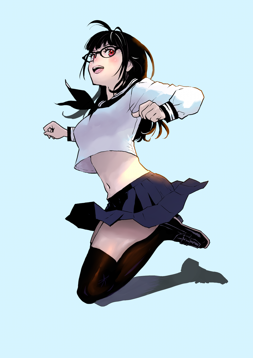 1girl, :d, ahoge, black-framed_eyewear, black_footwear, black_hair, black_neckwear, blue_skirt, breasts, brown_legwear, crop_top, crop_top_overhang, glasses, highres, legs_up, loafers, long_hair, long_sleeves, looking_at_viewer, medium_breasts, midriff, miniskirt, navel, neckerchief, open_mouth, original, peco_(pockleberry), pleated_skirt, red_eyes, sailor_collar, school_uniform, serafuku, shirt, shoes, simple_background, skirt, smile, solo, stomach, thigh-highs, white_shirt, zettai_ryouiki
