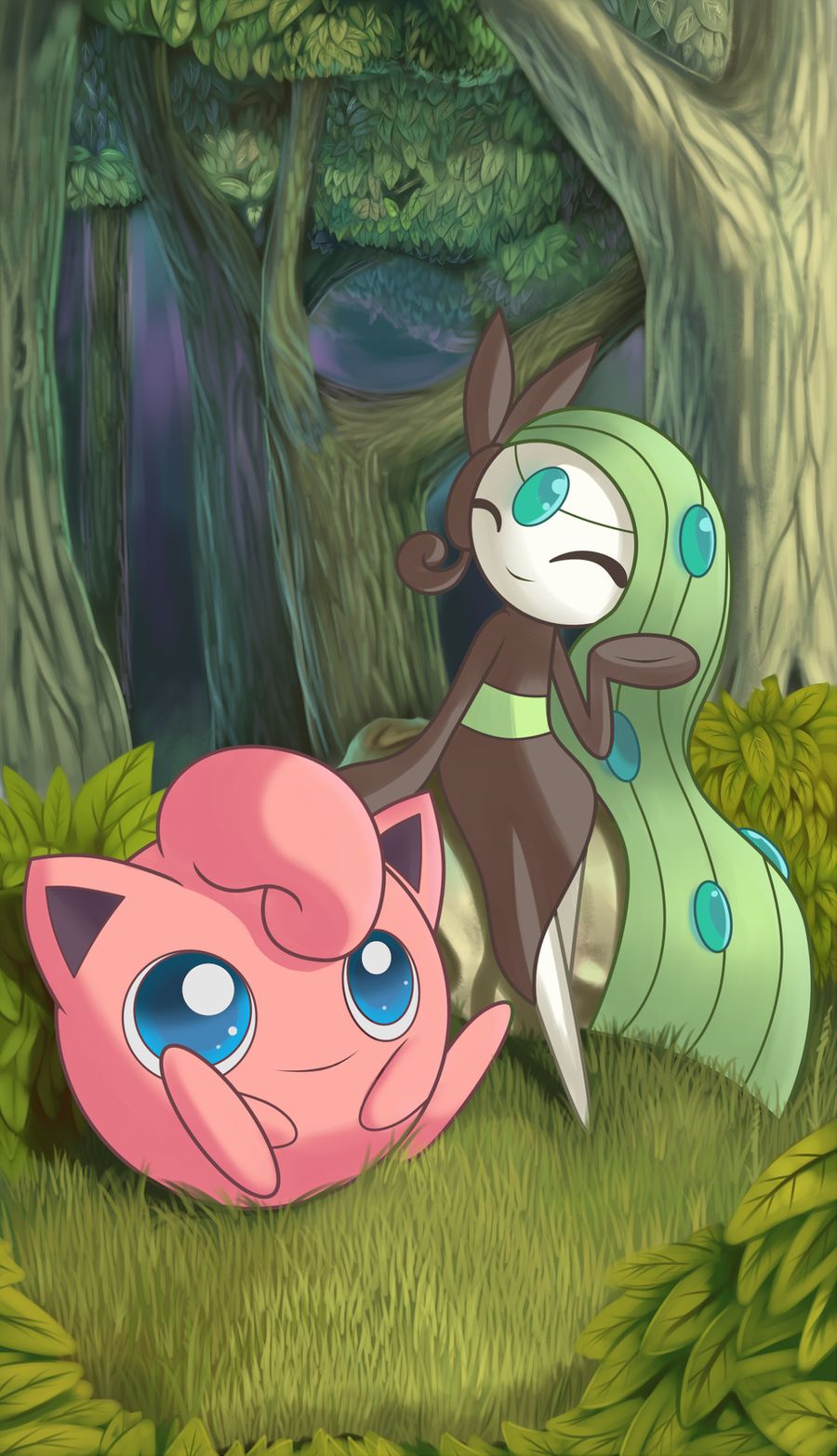 ^_^, blue_eyes, closed_eyes, collaboration, creature, facing_another, forest, full_body