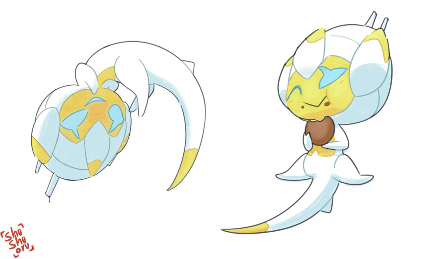 alternate_color, blue_eyes, commentary, creature, eating, english_commentary, food, full_body
