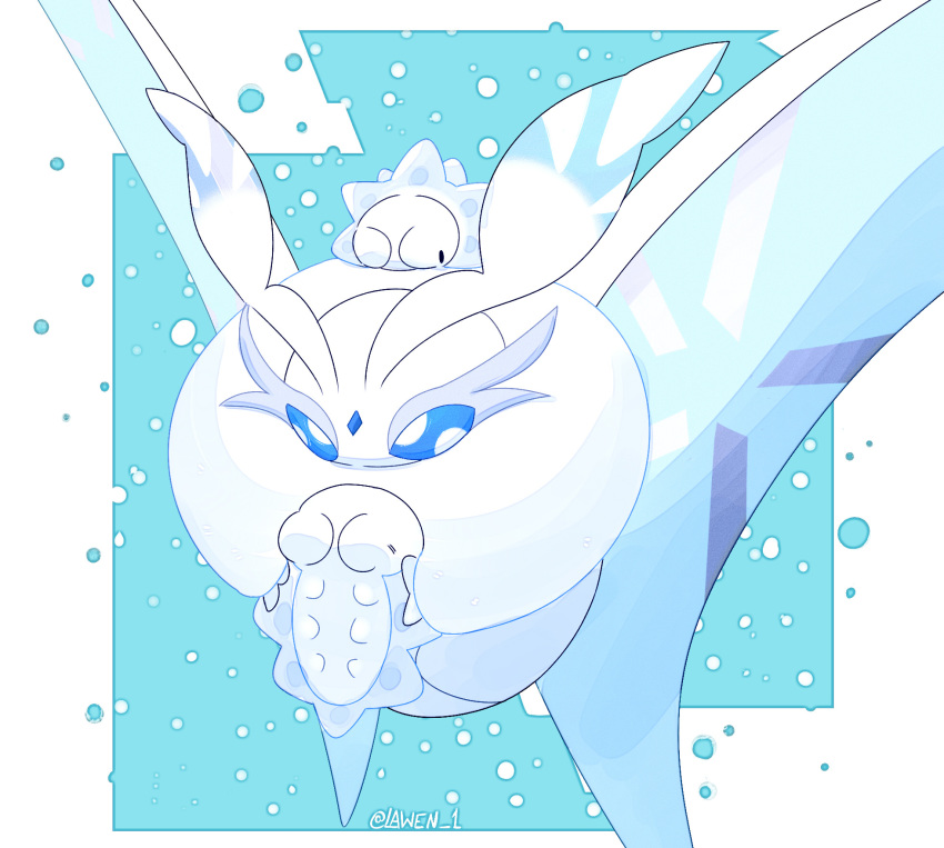 blue_eyes, commentary, creature, english_commentary, flying, frosmoth, gen_8_pokemon, highres, holding, holding_pokemon, lawen, no_humans, on_head, pokemon, pokemon_(creature), pokemon_on_head, riding, riding_pokemon, signature, snom, white_theme