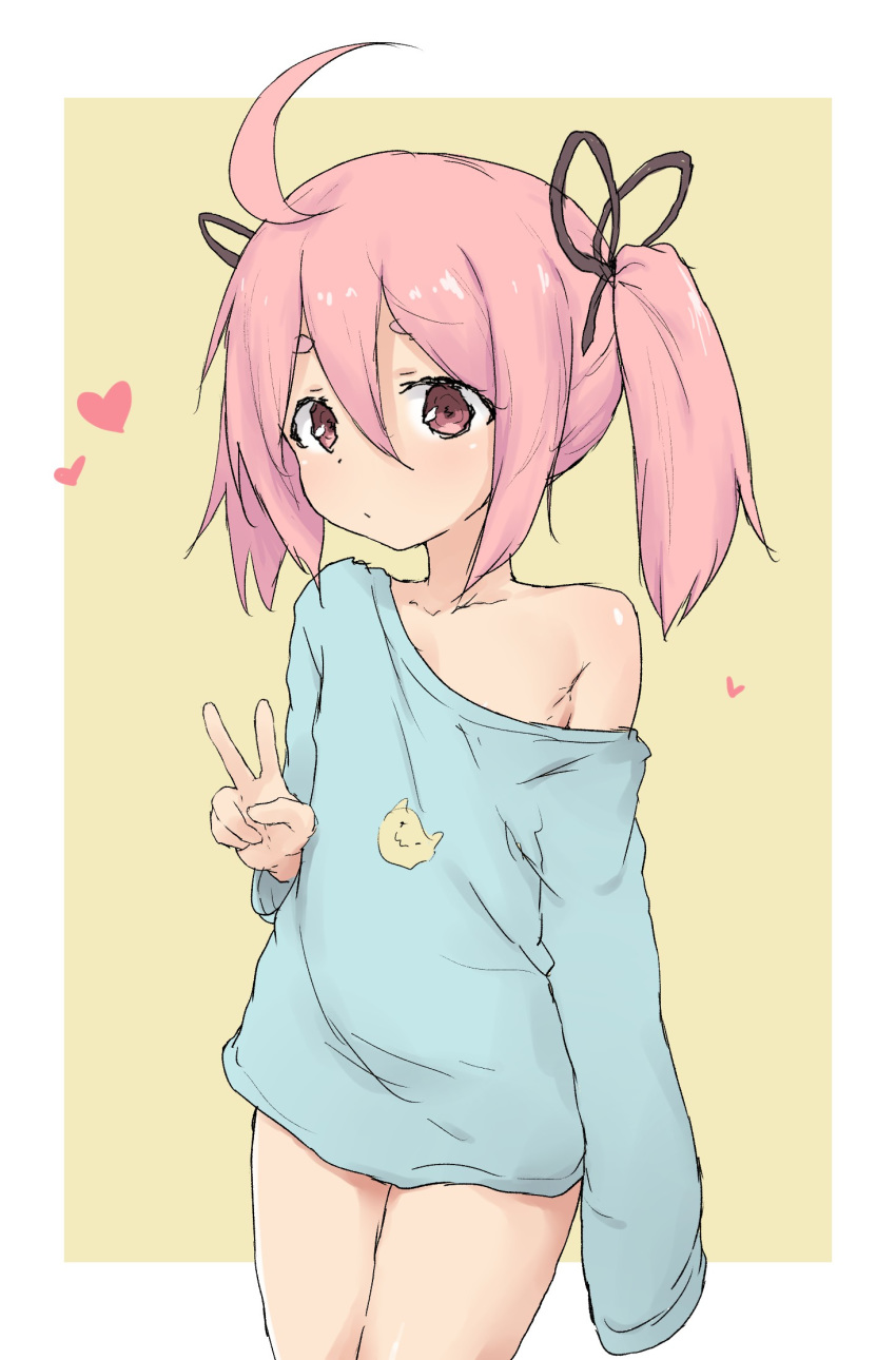 1girl, ahoge, animal_print, bangs, bare_shoulders, black_ribbon, blue_shirt, brown_background