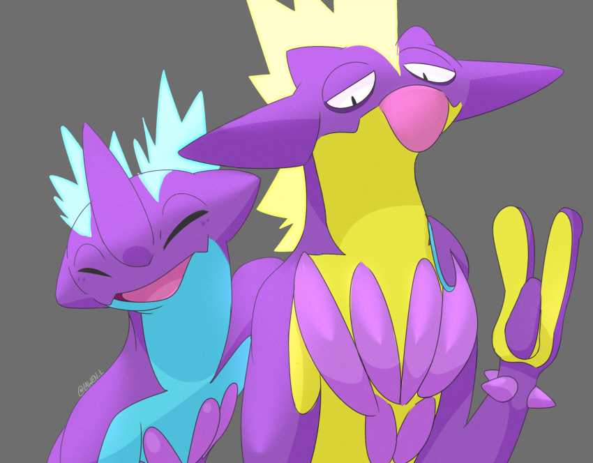 ^_^, closed_eyes, commentary, creature, english_commentary, facing_viewer, gen_8_pokemon, grey_background
