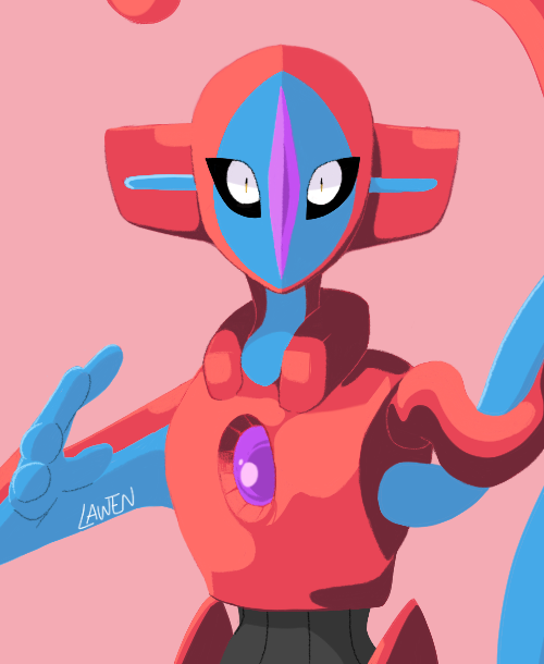 commentary, creature, deoxys, english_commentary, gen_3_pokemon, lawen, looking_at_viewer, no_humans, pink_background, pokemon, pokemon_(creature), signature, simple_background, solo, upper_body