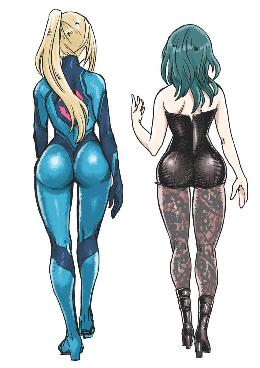 2girls, ass, blonde_hair, blue_eyes, blue_hair, bodysuit, boots, byleth_(fire_emblem)