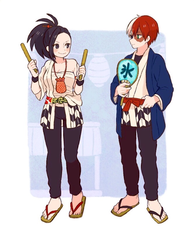 1boy, 1girl, bag, bangs, black_eyes, black_hair, black_pants, blue_jacket, boku_no_hero_academia, bracelet, fan, hair_ornament, hair_stick, heterochromia, high_ponytail, holding, holding_fan, holding_stick, jacket, japanese_clothes, jewelry, long_sleeves, looking_at_another, multicolored_hair, pants, sandals, satchel, shirt, short_sleeves, smile, taiko_sticks, todoroki_shouto, trimcoco, two-tone_hair, white_jacket, white_shirt, yaoyorozu_momo