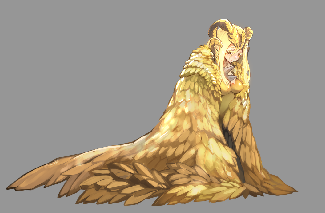 1girl, blonde_hair, dragon_girl, horns, kulve_taroth, long_hair, monster_hunter, monster_hunter:_world