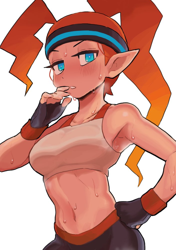 1girl, black_gloves, black_pants, blue_eyes, blush, cowboy_shot, fingerless_gloves, gashi-gashi