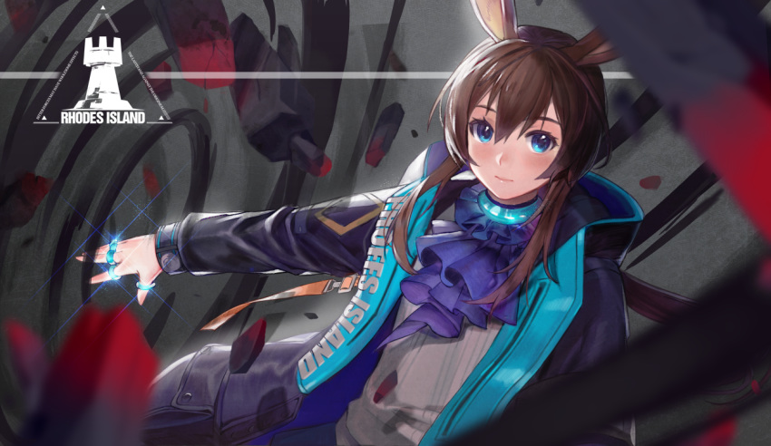 1girl, amiya_(arknights), animal_ears, arknights, bangs, blue_eyes, blue_jacket, blue_neckwear