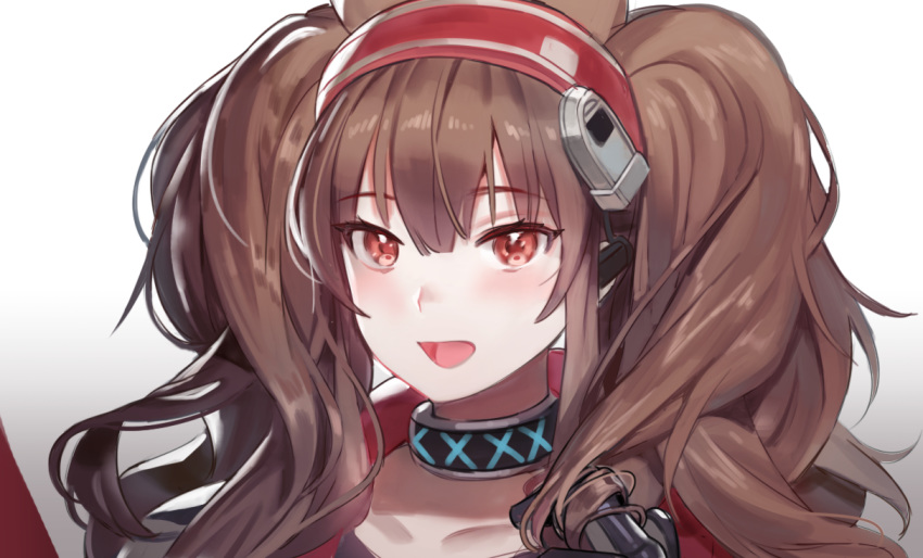 1girl, :d, angelina_(arknights), arknights, bangs, black_choker, blush, brown_hair