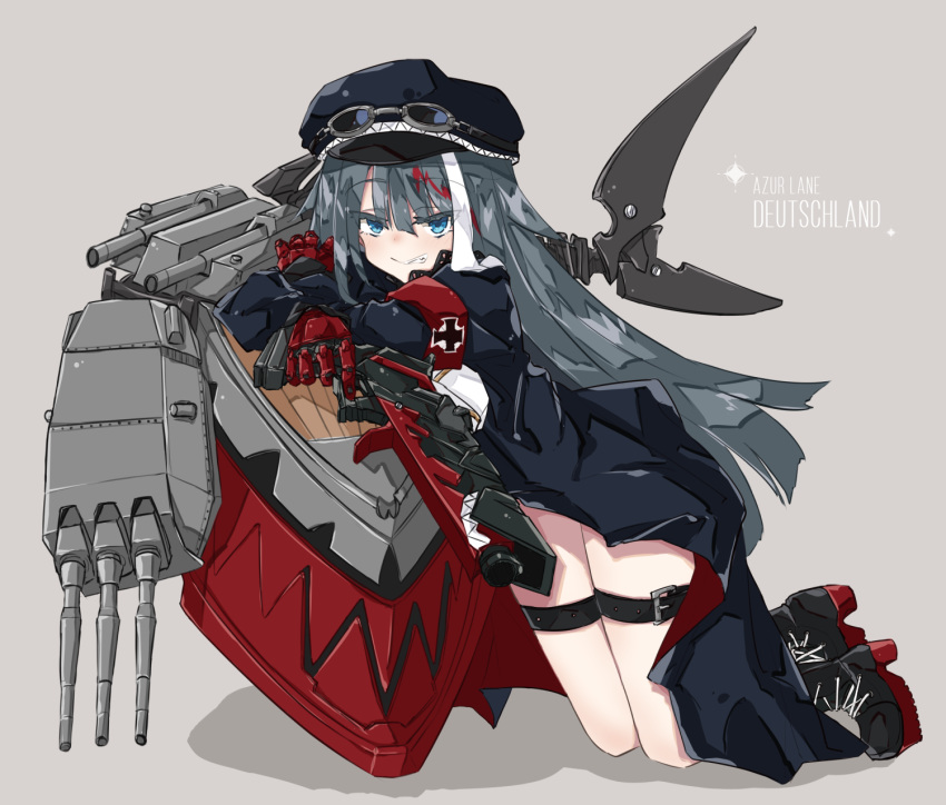 1girl, armband, azur_lane, belt, black_hair, blue_eyes, boots, deutschland_(azur_lane)