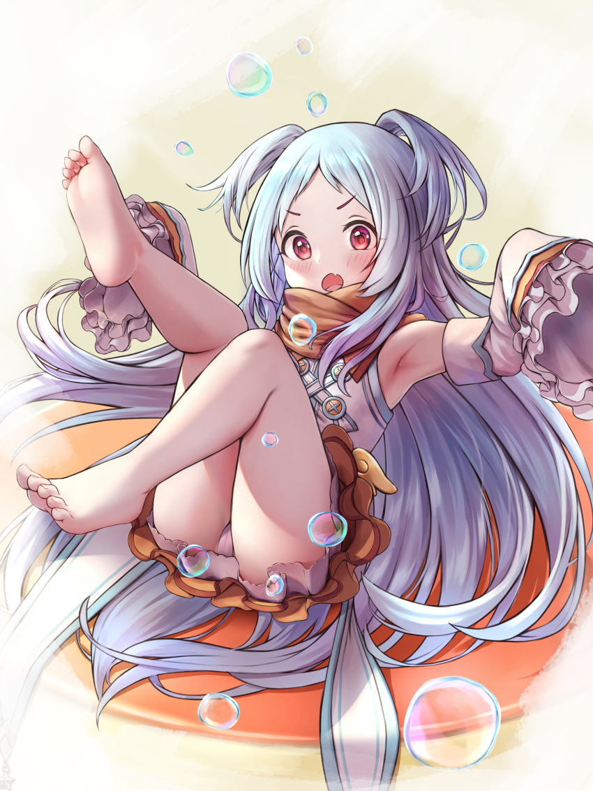 1girl, absurdres, barefoot, blue_hair, brown_scarf, brown_skirt, bubble, feet