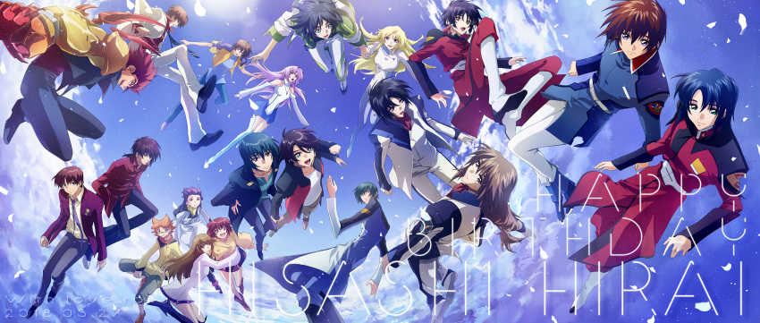 absurdres, age, aiba_kouji, aiba_yuuki, aizawa_tokito, asagi_toshikazu, athrun_zala, birthday, black_hair, blonde_hair, blue_eyes, blue_hair, clouds, crossover, deianeira, everyone, floating_hair, flying, formal, giniro_no_olynssis, glasses, gundam, gundam_seed, gundam_seed_destiny, happy_birthday, hayase_kouichi, heroic_age, highres, hitachi_izuru, irie_tamaki, kazuma_(scryed), kira_yamato, kugimiya_kei, kurogane_no_linebarrel, kuroki_ange, long_hair, majestic_prince, makabe_kazuki, mechanical_arm, minashiro_soushi, mugen_no_ryvius, open_mouth, redhead, roku_(gansuns), ryuhou, scryed, shinn_asuka, short_hair, sky, soukyuu_no_fafner, suit, suruga_ataru, tea_(giniro_no_olynssis), uniform