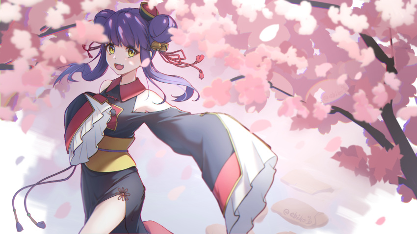 1girl, :d, bangs, bell, blunt_bangs, cherry_blossoms, double_bun, fang