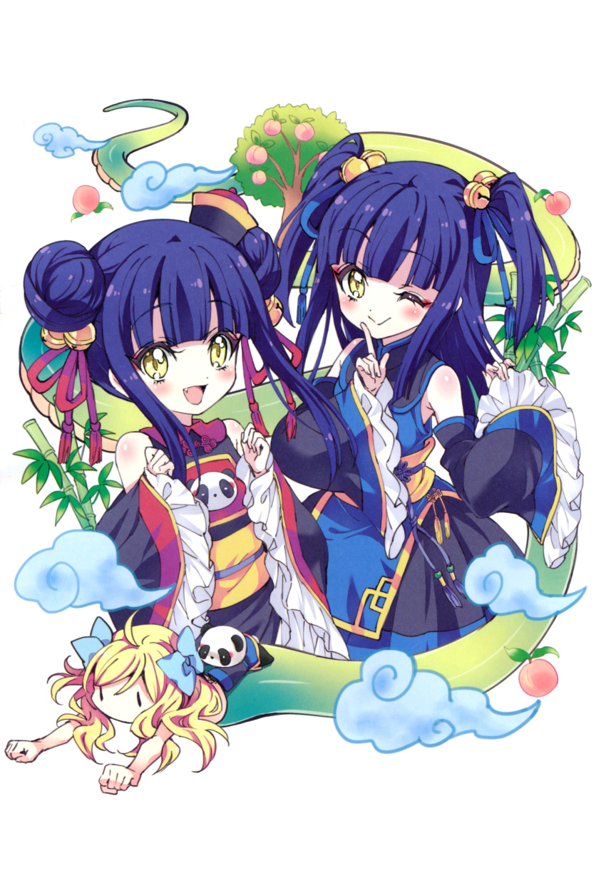 :d, absurdres, bamboo, bangs, bare_shoulders, bell, blonde_hair, blue_hair
