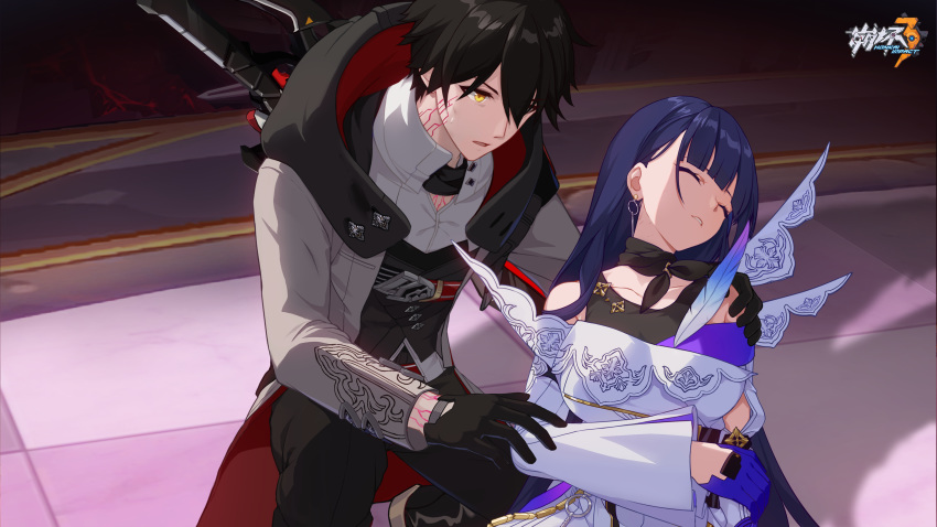 1boy, 1girl, absurdres, black_hair, blue_hair, earrings, feathers, gloves, hair_between_eyes, highres, honkai_(series), honkai_impact_3rd, jacket, jewelry, kneeling, long_hair, off_shoulder, official_art, open_mouth, parted_lips, protagonist_(honkai_impact), raiden_mei, sword, unconscious, weapon, yellow_eyes
