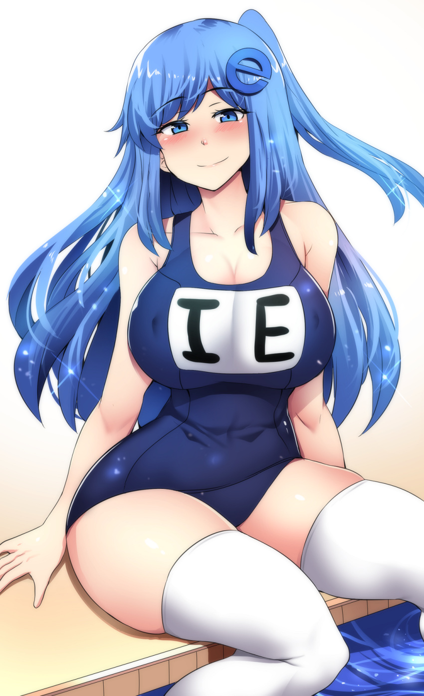 1girl, arm_support, bangs, bare_arms, bare_shoulders, blue_eyes, blue_hair, blue_theme
