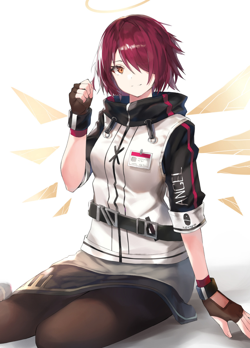 1girl, absurdres, arknights, bangs, belt, black_belt, black_gloves, black_legwear, black_skirt, breasts, brown_eyes, commentary, exusiai_(arknights), fingerless_gloves, gloves, hair_over_one_eye, halo, hand_up, high_collar, highres, id_card, jacket, looking_at_viewer, miniskirt, motota, pantyhose, raglan_sleeves, redhead, short_hair, simple_background, sitting, skirt, small_breasts, smile, solo, thighs, white_background, white_jacket, yokozuwari