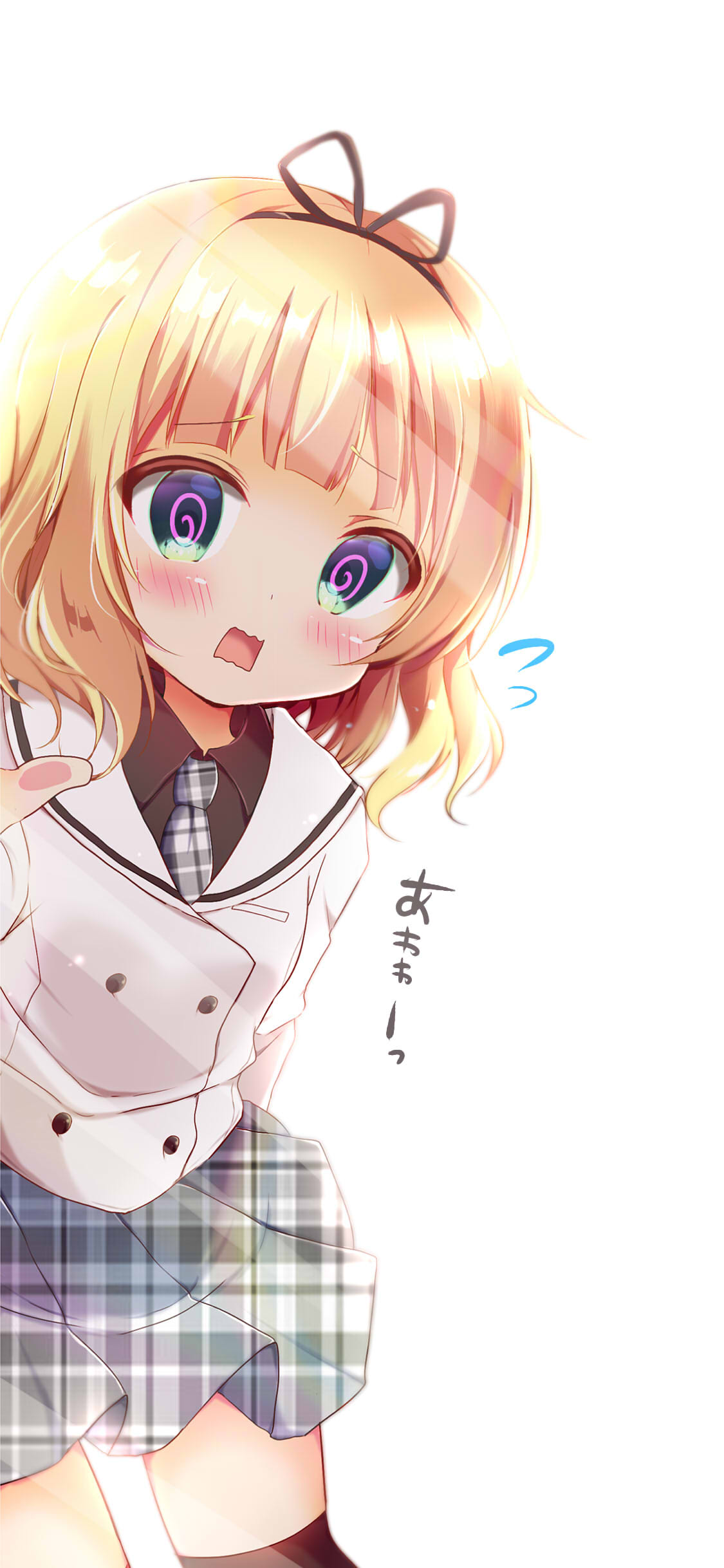 1girl, @_@, absurdres, against_glass, black_shirt, blonde_hair, blush, bow, buttons, coat, double-breasted, eyebrows_visible_through_hair, gochuumon_wa_usagi_desu_ka?, green_eyes, hairband, highres, kirima_sharo, kiyo_(yamazoe1122), miniskirt, necktie, open_mouth, sharo_(iron_saga), sherlock_shellingford, shirt, short_hair, skirt, solo, sweatdrop, thigh-highs, translation_request, white_background, white_coat, zettai_ryouiki
