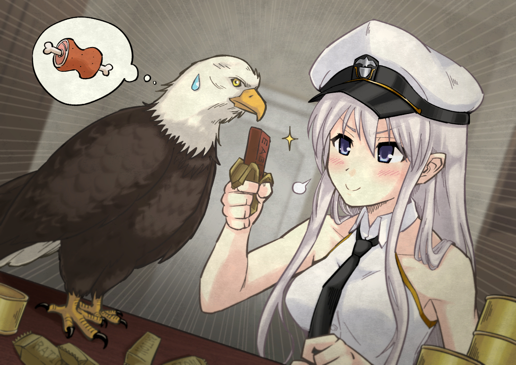 1girl, azur_lane, bald_eagle, bird, black_neckwear, breasts, dutch_angle, eagle, enterprise_(azur_lane), food, grey_hair, hat, holding, holding_food, horyuu, large_breasts, military_hat, peaked_cap, rations, shirt, sleeveless, sleeveless_shirt, smile, upper_body, violet_eyes, white_headwear