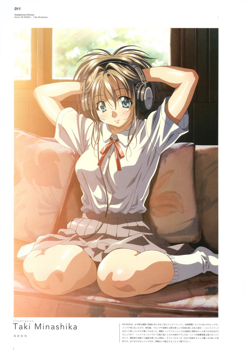 1girl, adjusting_hair, arms_behind_head, arms_up, artist_name, blue_eyes, brown_hair, couch, dress_shirt, grey_skirt, headphones, highres, kneeling, light_smile, no_shoes, original, pleated_skirt, scan, school_uniform, shiny, shiny_skin, shirt, shirt_tucked_in, short_sleeves, sitting, skirt, socks, solo, taki_minashika, thick_thighs, thighs, wariza, white_legwear, white_shirt