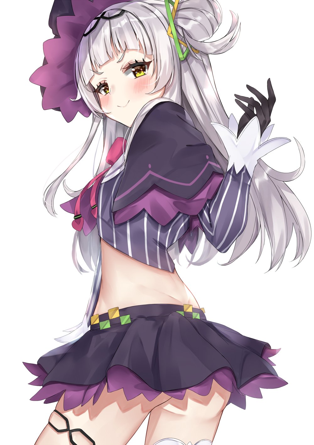 1girl, ass, bangs, black_capelet, black_gloves, black_headwear, black_skirt, blunt_bangs
