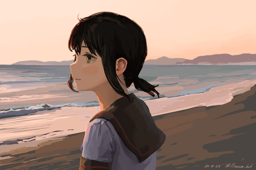 1girl, bangs, black_hair, black_sailor_collar, closed_mouth, dated, fubuki_(kantai_collection), green_eyes