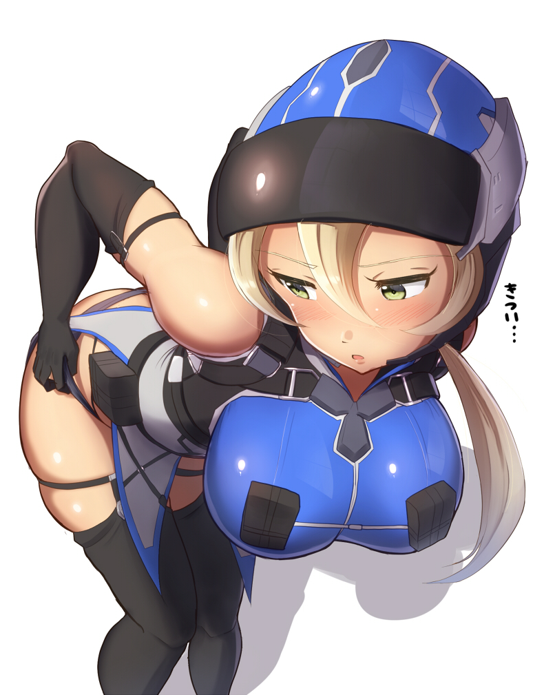 1girl, ass, belt_pouch, bent_over, blonde_hair, blush, breasts, earth_defense_force, earth_defense_force_2025, green_eyes, hanging_breasts, helmet, huge_ass, large_breasts, leaning_forward, looking_back, maku_ro, panties, pauldrons, pouch, solo, underwear, visor, wing_diver, worried