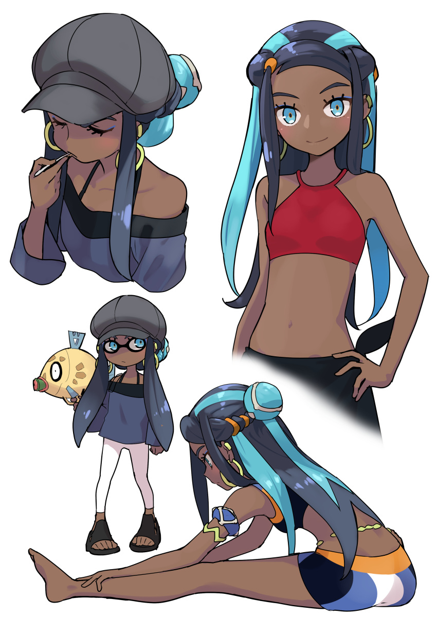 1girl, absurdres, armlet, bare_shoulders, belly_chain, black_hair, black_pants, blue_eyes