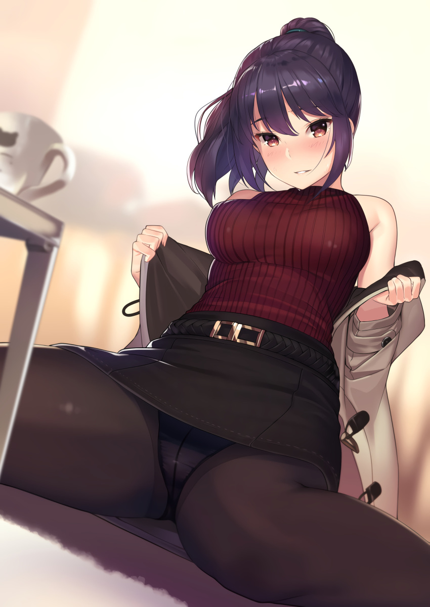 1girl, absurdres, bare_shoulders, belt, black_legwear, black_panties, blush, breasts