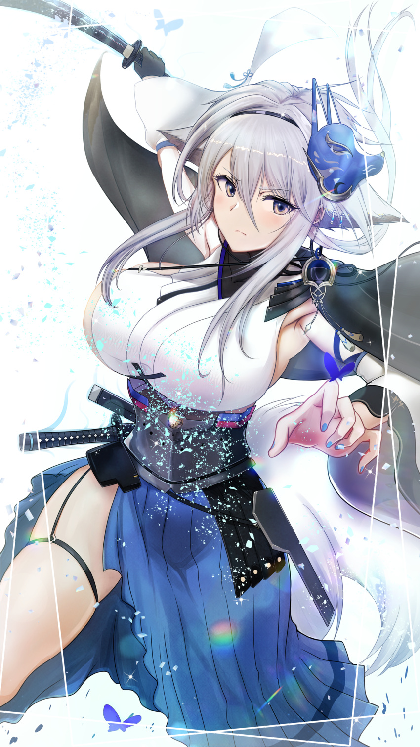 1girl, antenna_hair, azur_lane, bare_shoulders, black_gloves, black_headband, blue_skirt, blush