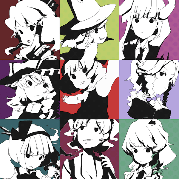 hakurei_reimu, hat, izayoi_sakuya, kirisame_marisa, kochiya_sanae, konpaku_youmu, konpaku_youmu_(ghost), monochrome