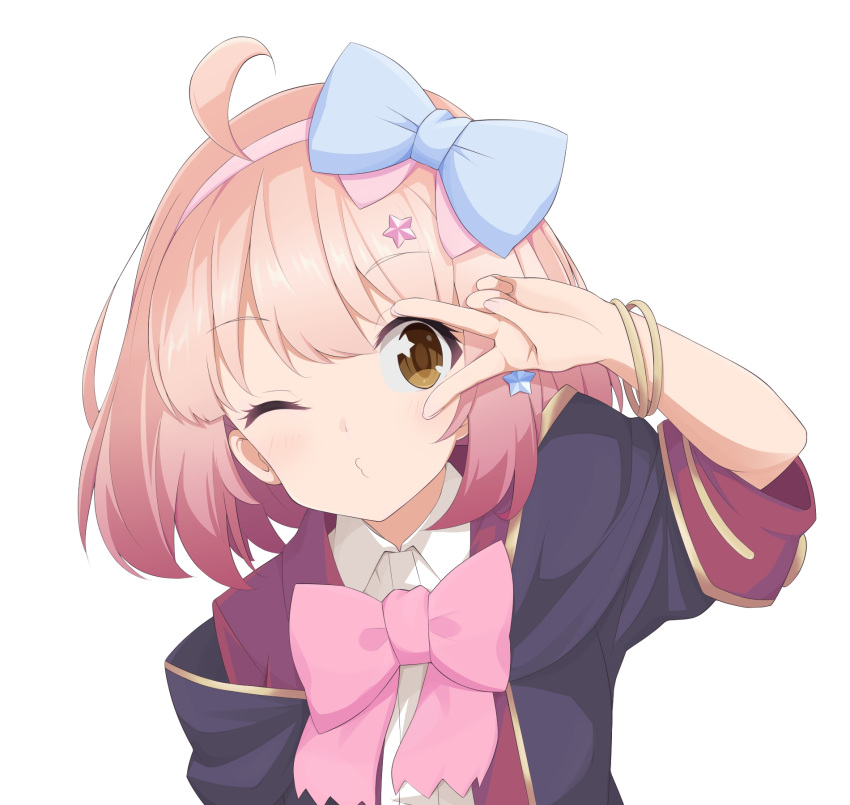 1girl, ahoge, bangs, blue_bow, blush, bow, bowtie, bracelet