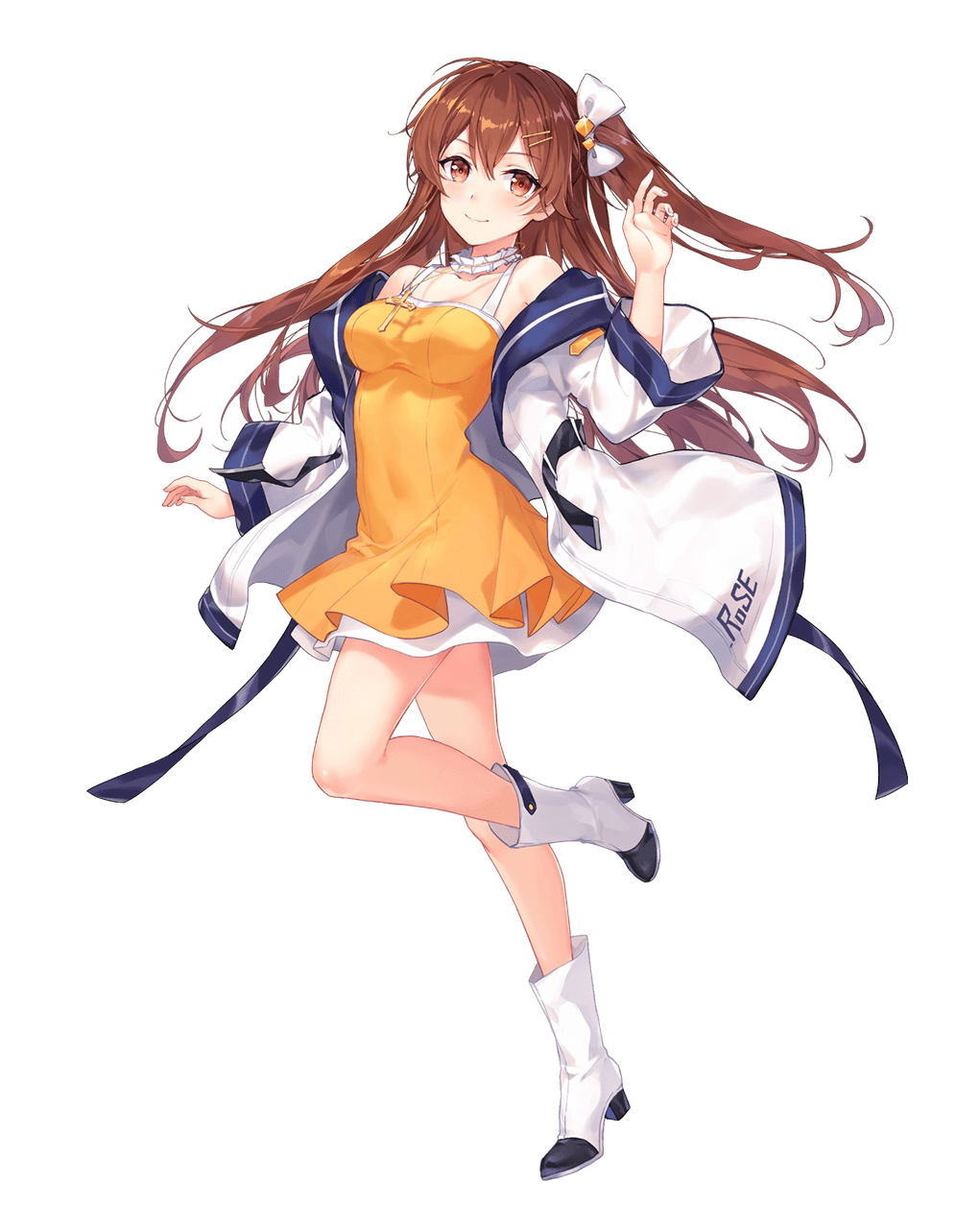1girl, bare_shoulders, boots, breasts, brown_eyes, brown_hair, choker, criin