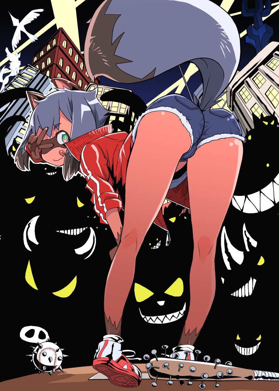 1girl, :q, animal_ears, arm_up, baseball, baseball_bat, bent_over, blue_eyes