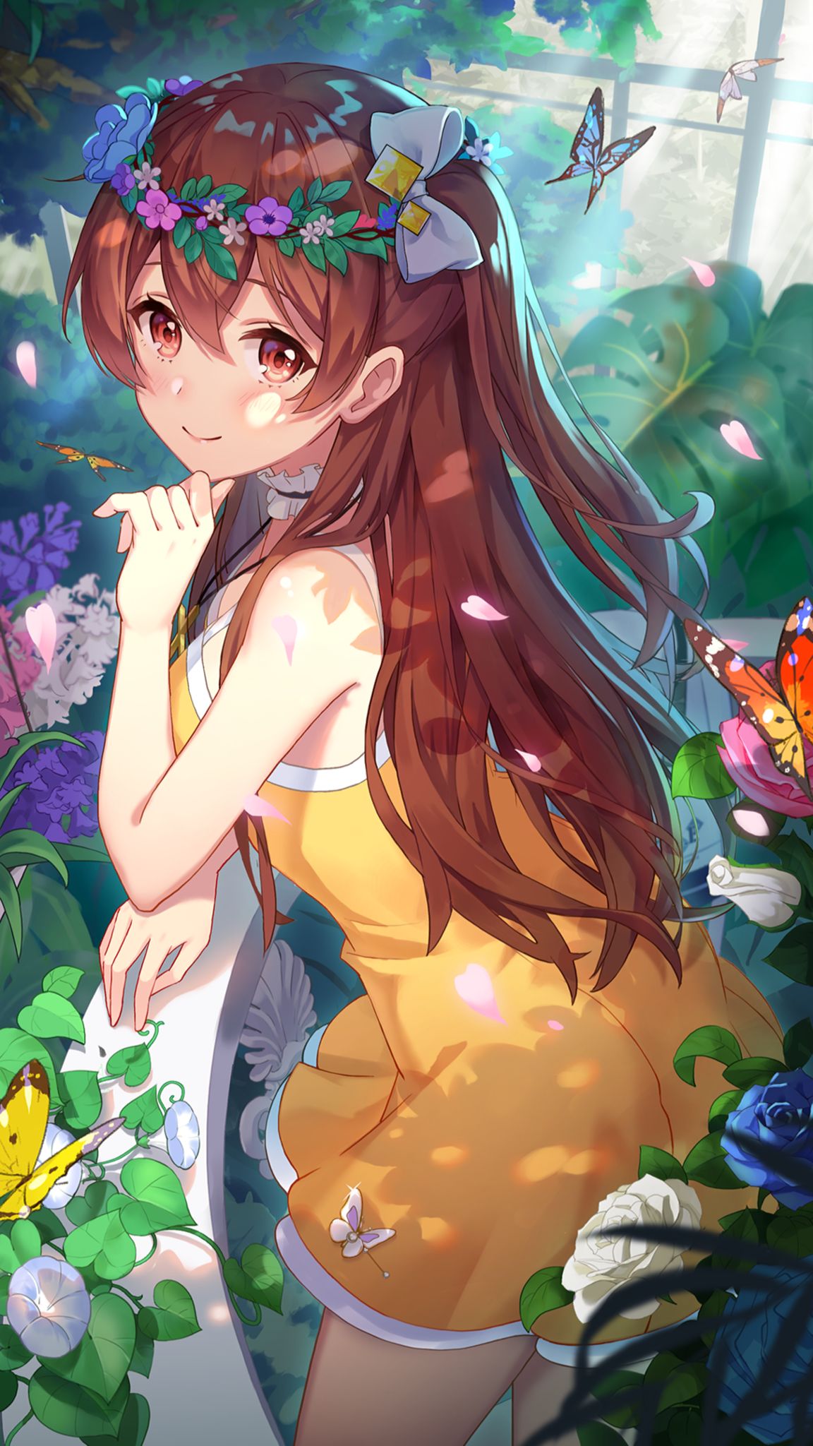 1girl, balcony, bare_arms, bare_shoulders, bow, breasts, brown_eyes, brown_hair