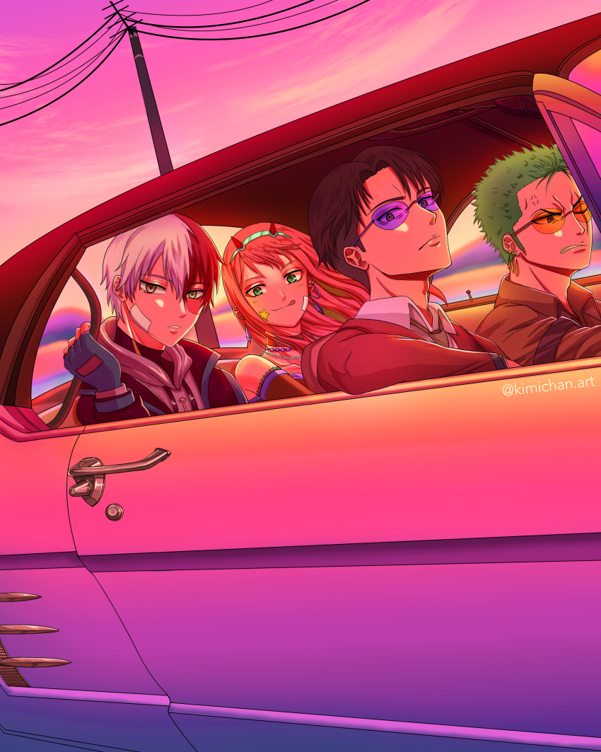 1girl, 3boys, absurdres, anger_vein, angry, bandaid, bare_shoulders, bead_necklace