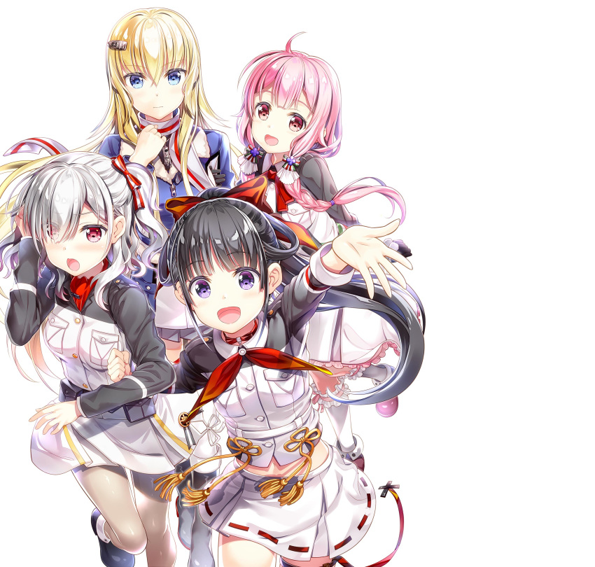 4girls, :d, :o, absurdres, bangs, black_hair, blonde_hair, blue_eyes, blunt_bangs, braid, breast_pocket, claudia_braford, eyes_visible_through_hair, frilled_skirt, frills, fujima_takuya, hair_ornament, hair_over_one_eye, hair_ribbon, hairclip, high_ponytail, highres, key_visual, komagome_azuzu, long_hair, long_sleeves, looking_at_viewer, low_twintails, midriff, military, military_uniform, muguruma_miyako, multiple_girls, navel, neckerchief, official_art, open_mouth, pantyhose, pink_eyes, pink_hair, pocket, ponytail, red_eyes, red_neckwear, red_ribbon, ribbon, ribbon-trimmed_skirt, ribbon_trim, silver_hair, simple_background, skirt, smile, thigh-highs, twin_braids, twintails, uniform, warlords_of_sigrdrifa, watarai_sonoka, white_background