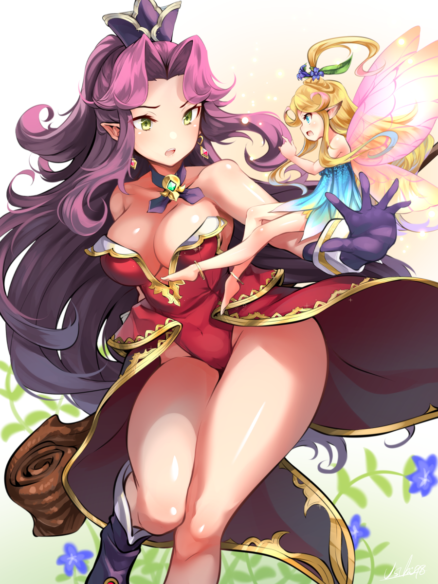 2girls, angela_(seiken_densetsu_3), blonde_hair, blue_eyes, breasts, earrings, faerie_(seiken_densetsu_3), fairy