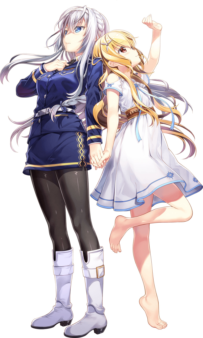 2girls, absurdres, barefoot, belt, black_legwear, black_neckwear, blonde_hair, blue_eyes, blue_jacket, blue_skirt, boots, braid, character_request, cover, dress, formal, fujima_takuya, full_body, hair_ornament, hairband, highres, holding_hands, jacket, key_visual, looking_up, military, military_uniform, multiple_girls, necktie, official_art, pantyhose, propeller_hair_ornament, red_eyes, silver_hair, simple_background, skirt, skirt_suit, suit, uniform, warlords_of_sigrdrifa, white_background, white_dress, white_footwear, white_hairband