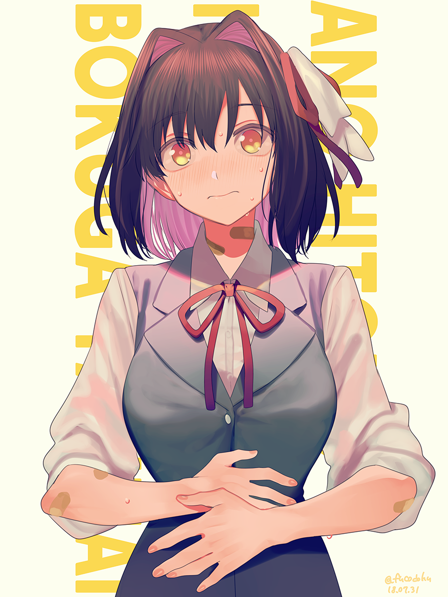 1girl, ano_hito_no_i_ni_wa_boku_ga_tarinai, bandaid, bangs, blush, brown_hair, fucodoku, hair_ribbon, highres, looking_at_viewer, mitsuhara_sachi, neck_ribbon, ribbon, school_uniform, shirt, short_hair, solo, white_shirt, yellow_eyes