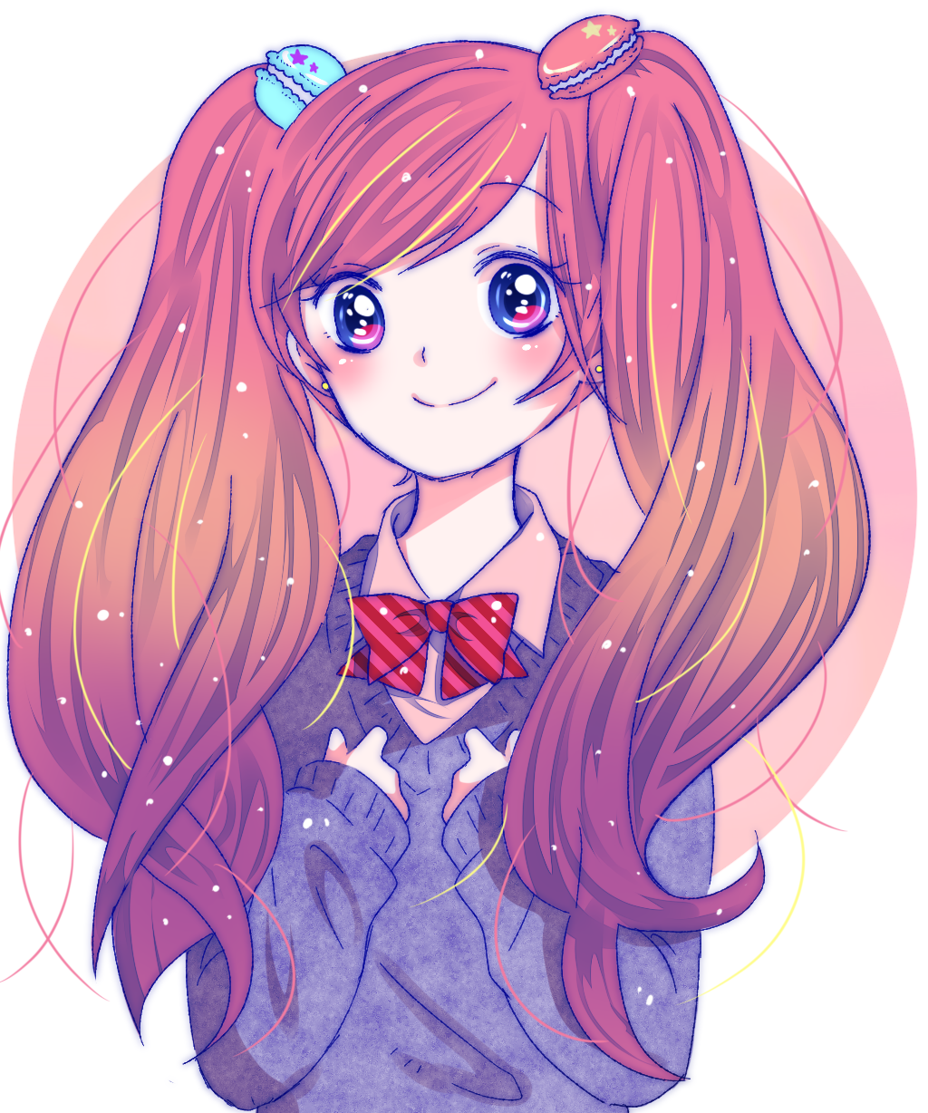 1girl, bangs, blue_eyes, blush, bow, bowtie, brown_background, brown_hair, closed_mouth, collared_shirt, diagonal-striped_neckwear, diagonal_stripes, eyebrows_visible_through_hair, food, food_themed_hair_ornament, gradient_hair, grey_sweater, hair_ornament, hands_up, highres, hiroshi_(jasinloki), long_hair, long_sleeves, looking_at_viewer, macaron, macaron_hair_ornament, multicolored_hair, original, redhead, shirt, sleeves_past_wrists, smile, solo, striped, striped_neckwear, sweater, swept_bangs, twintails, two-tone_background, upper_body, white_background, white_shirt