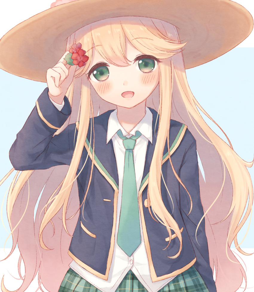 1girl, :d, arm_up, bangs, black_jacket, blazer, blonde_hair, blue_background
