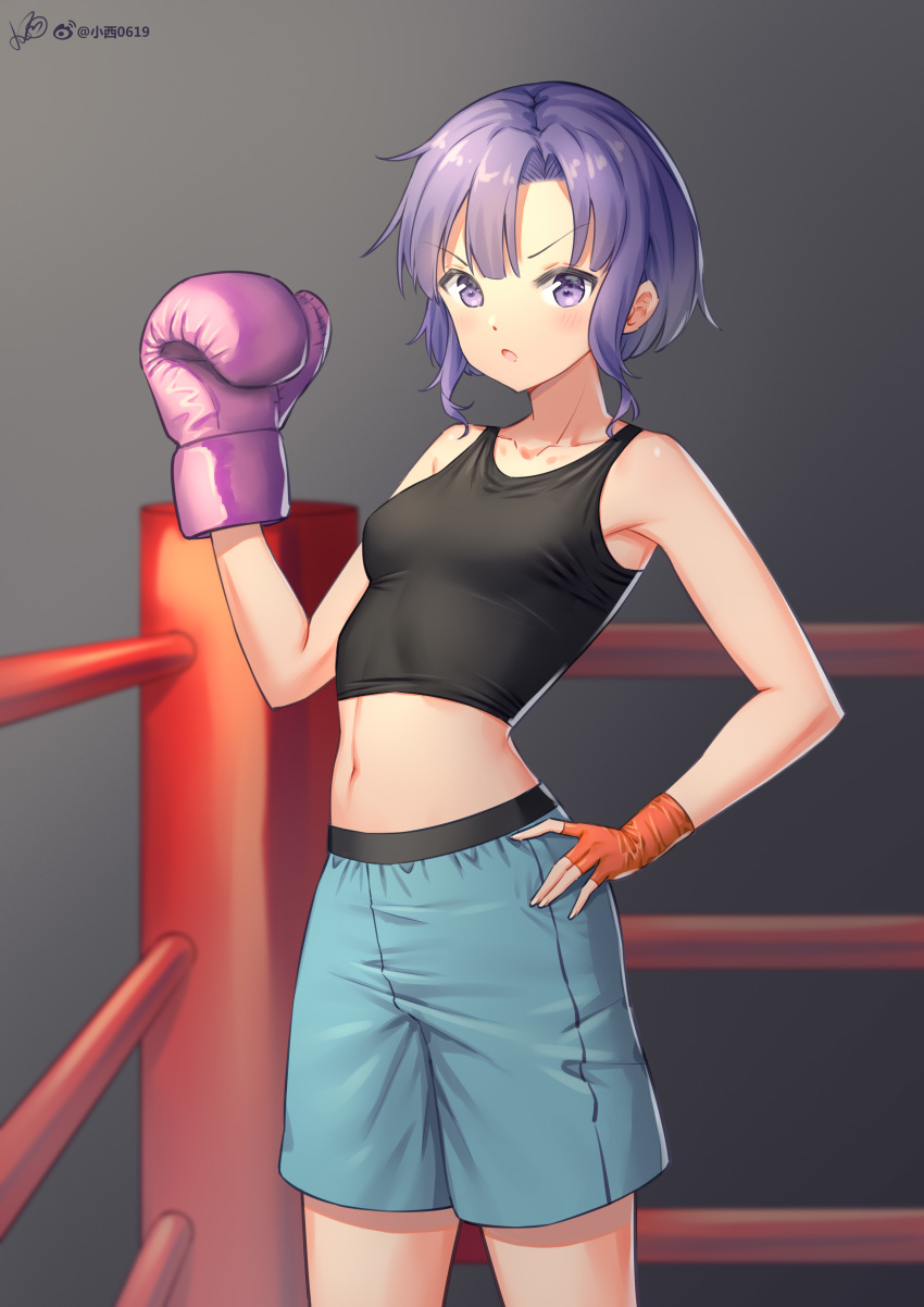 1girl, absurdres, armpit_peek, bangs, black_background, black_tank_top, blue_shorts, blush