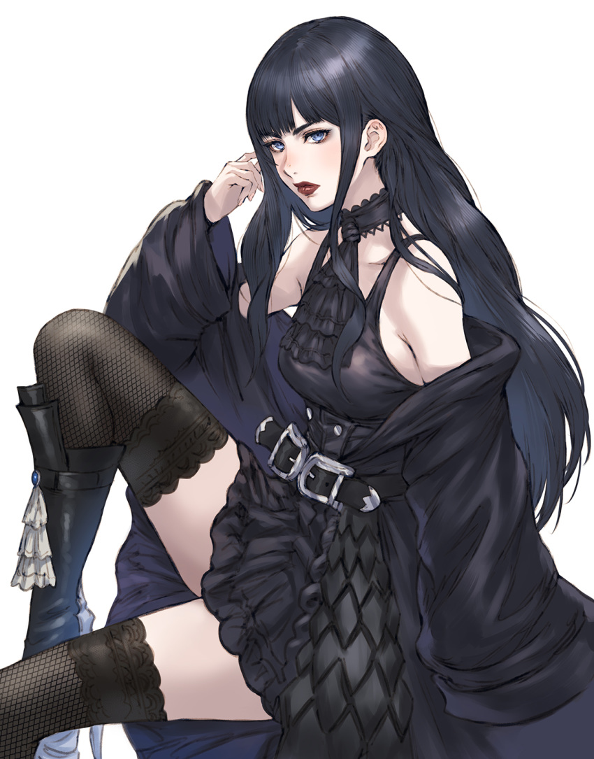 1girl, bangs, bare_shoulders, belt, belt_buckle, black_belt, black_choker, black_dress, black_footwear, black_hair, blue_eyes, blunt_bangs, blush, boots, breasts, buckle, choker, collarbone, dress, final_fantasy, final_fantasy_xiv, fingernails, fishnet_legwear, fishnets, gaia_(ff14), gothic, high_heel_boots, high_heels, highres, light_blush, long_hair, long_sleeves, looking_at_viewer, makimura_shunsuke, medium_breasts, red_lips, simple_background, sitting, solo, thigh-highs, white_background