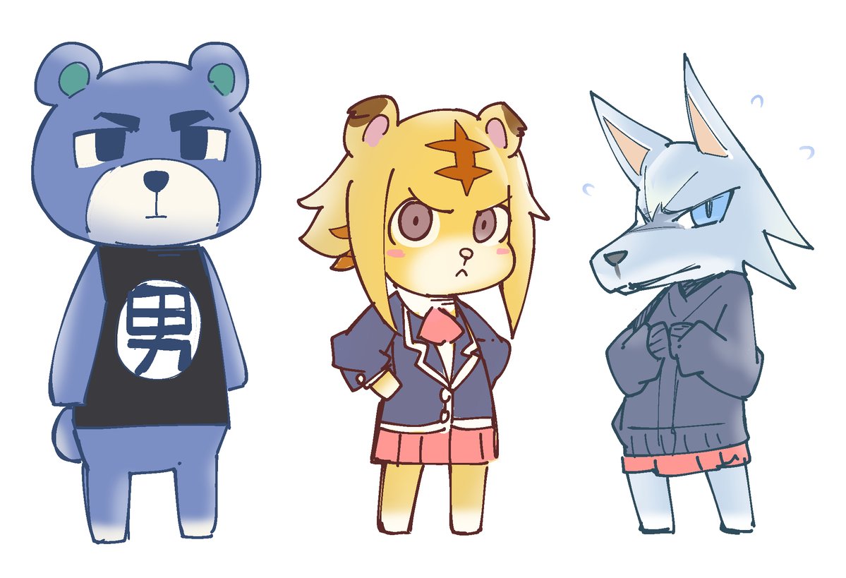 1boy, 2girls, animal_crossing, blush_stickers, crossover, magenta_(atyana), mutou_chihiro, mutou_to_satou